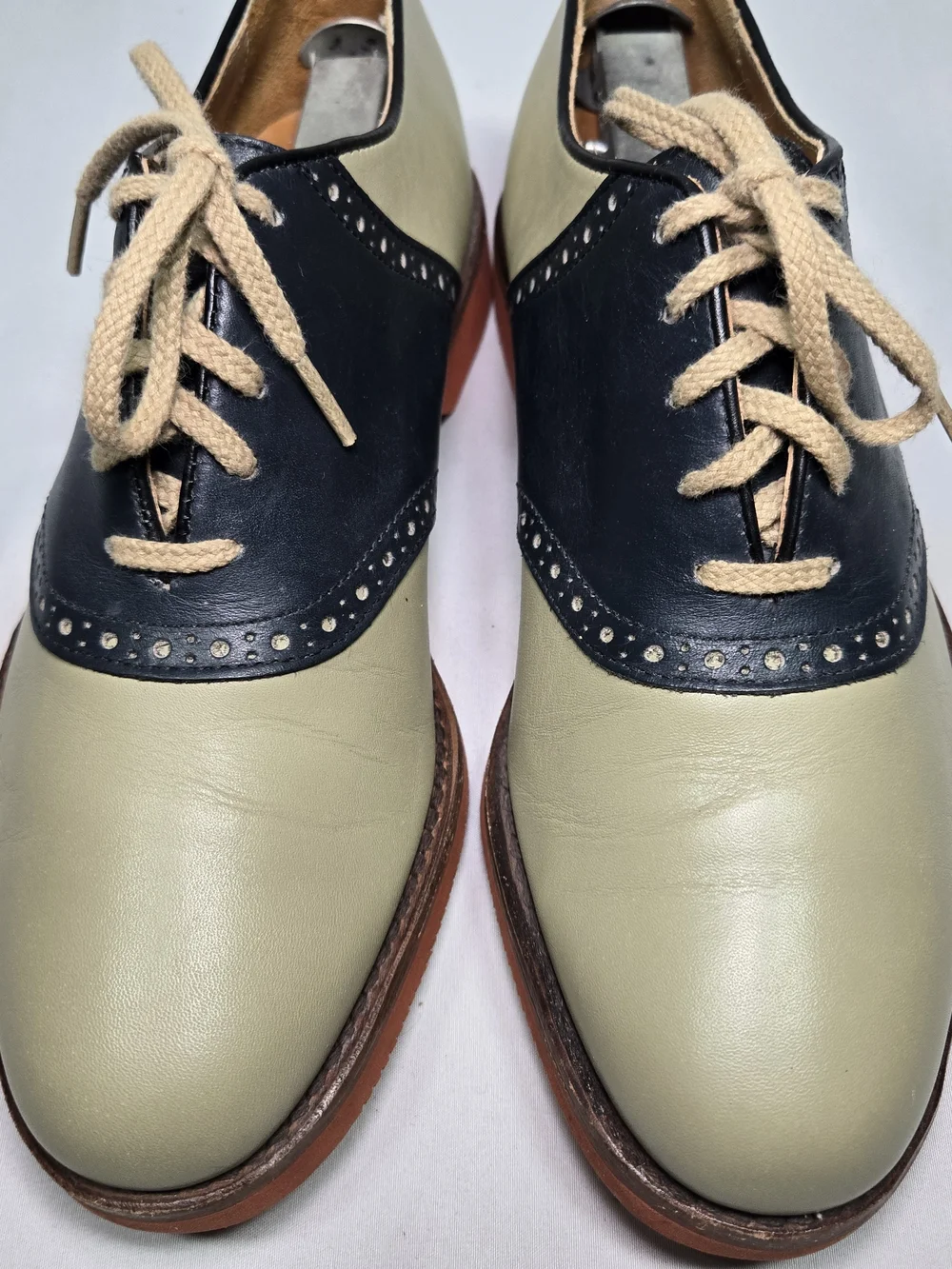 Vintage COLE HAAN Leather Saddle Oxfords Olive Khaki/Navy Mens 6.5 Wide Preppy